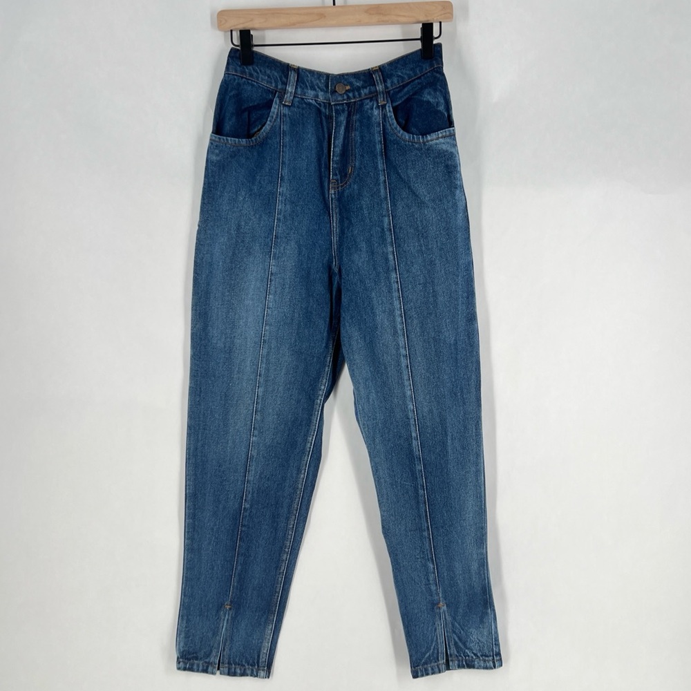 SASSAFRAS Cotton Medium Wash Blue Denim High‎ Rise Seamed Front Split Hem Jeans